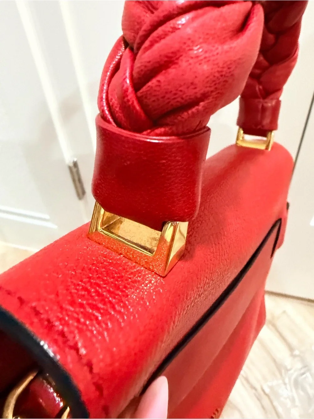 Miu Miu Madras Click Red Goatskin Braided Top Handle Crossbody Satchel Bag